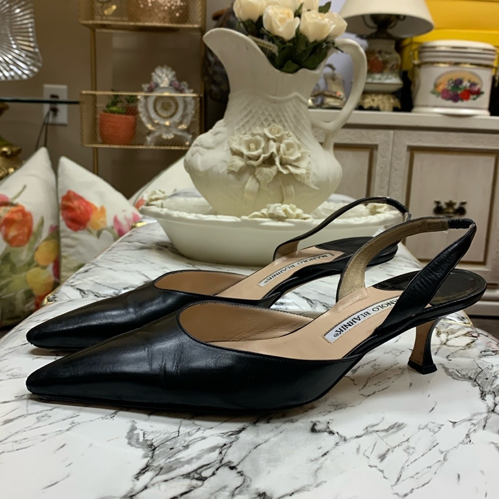 Manolo Blahnik Black Leather Slingback Kitten Heels